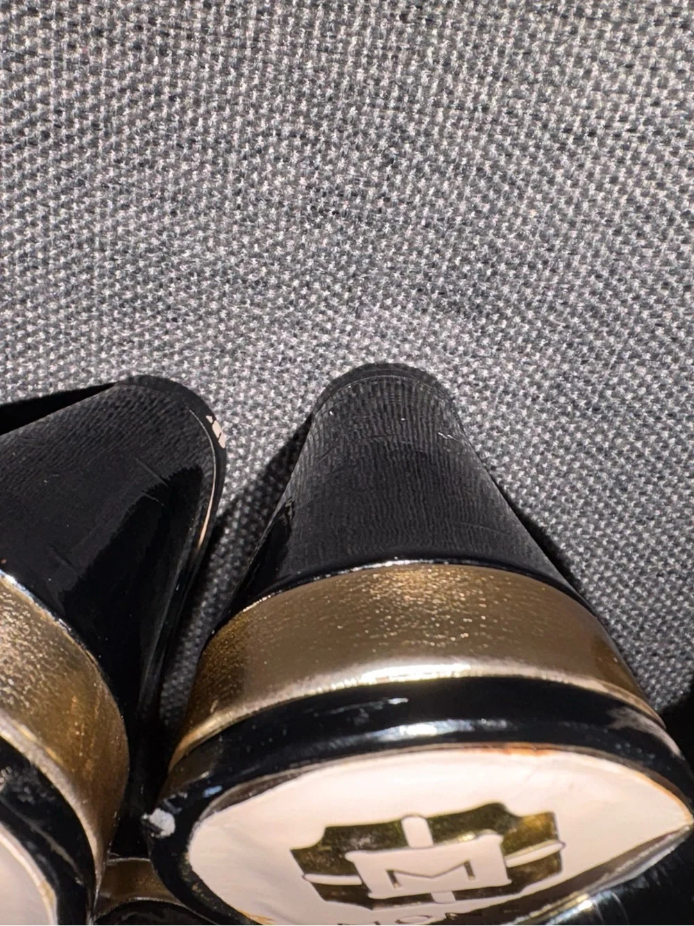 Monet Black and Gold Patent Leather Open Toe Wedge Heels Size 9M